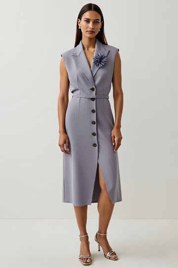 Grey Purple Satin Peak Lapel Midi Work Dress with Slit